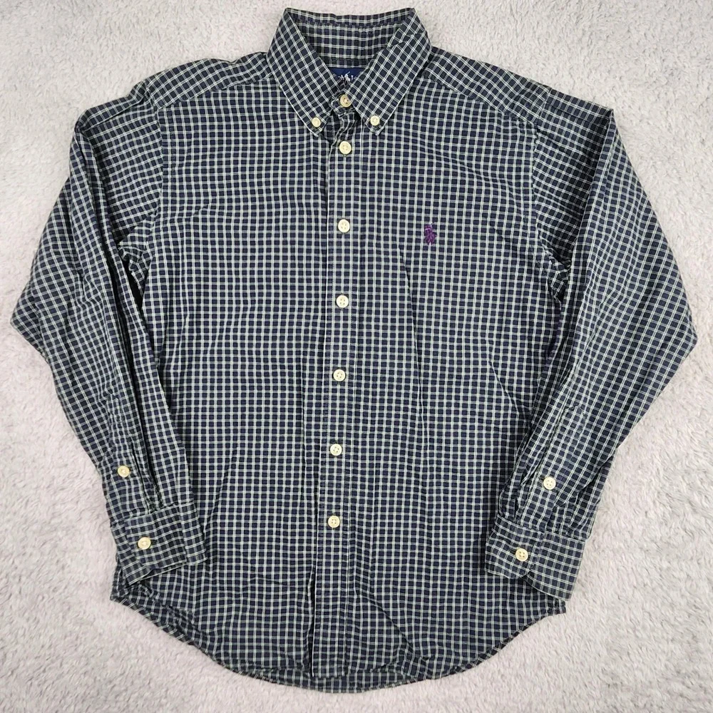 Ralph Lauren Button Down Shirt Boys M 12/14 Green Purple Plaid Pony Logo School